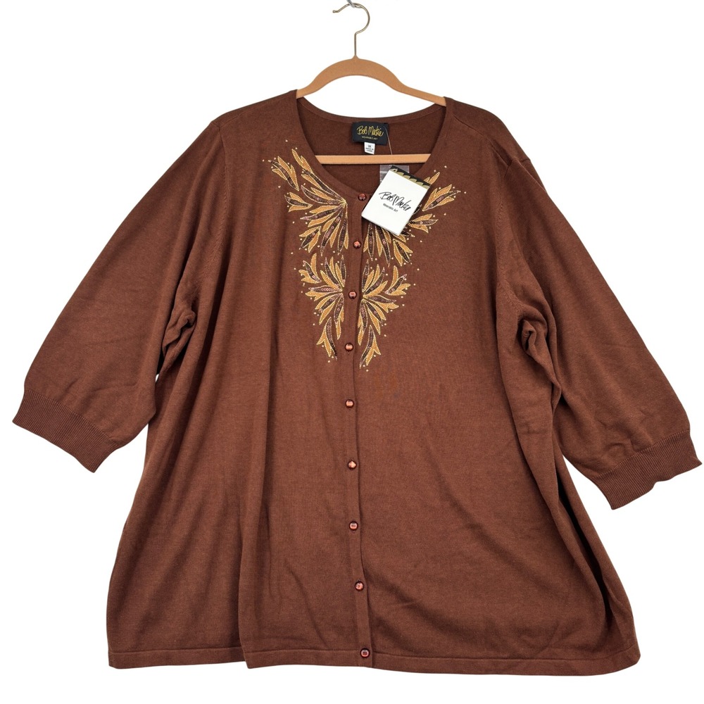 Bob Mackie Wearable Art Cardigan Sweater Women 3X Brown Sequin Floral A238455